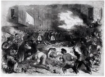 Das sechste Regiment der Massachusetts-Freiwilligen feuert auf die Menge in der Pratt Street, während es auf dem Weg nach Washington durch Baltimore zieht, 19. April 1861, aus 